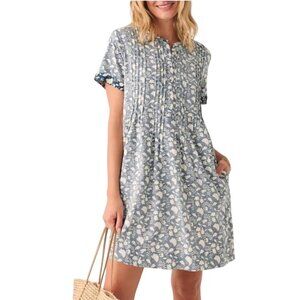 Faherty Gemina Linen Dress Sky Blue Floral Pockets Pintuck Size S